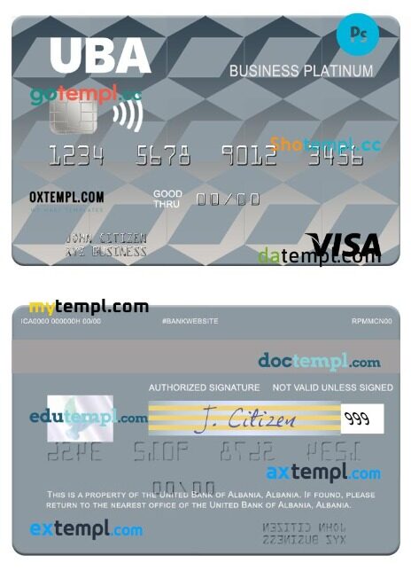 Albania United Bank of Albania business platinum visa card template in PSD format