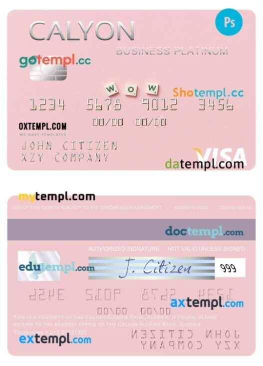 Algeria Calyon Algérie Bank business visa platinum card template in PSD format