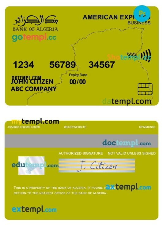 Algeria bank of Algeria American Express business card template in PSD format