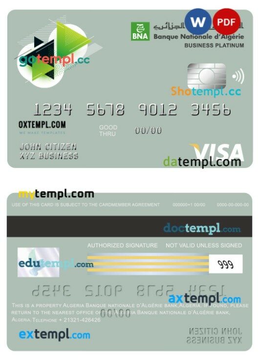 Algeria Banque nationale d’Algérie (BNA) bank business platinum visa card template in PSD format