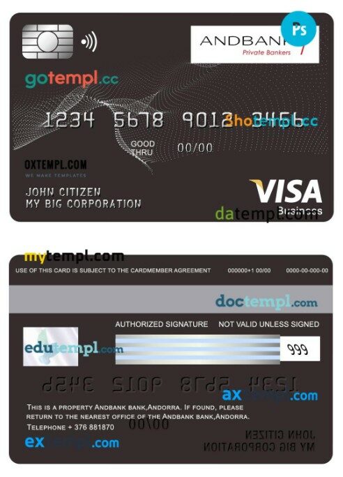Andorra Andbank bank visa business card template in PSD format