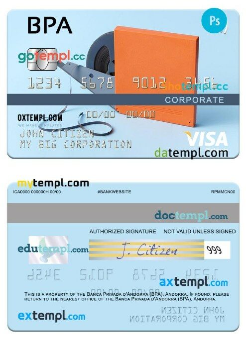 Andorra Banca Privada d'Andorra (BPA) corporate visa platinum card template in PSD format