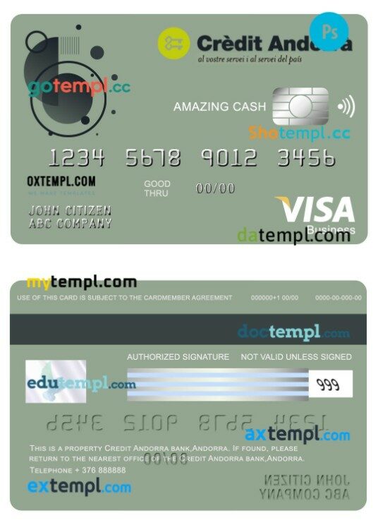 Andorra Credit Andorra bank amazing cash visa business card template in PSD format
