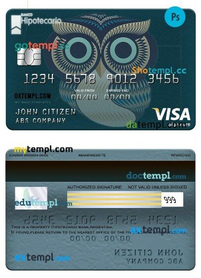 Argentina Hipotecario bank business visa signature card template in PSD format
