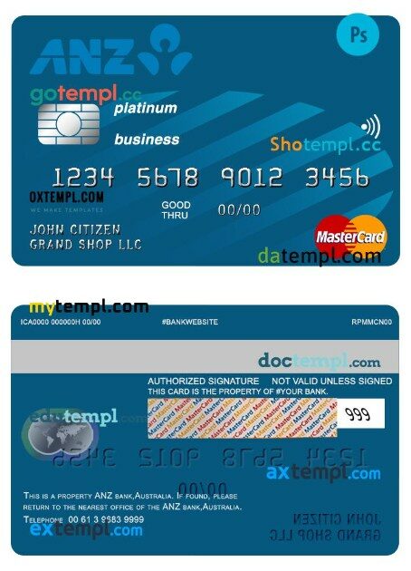 Australia Anz bank business platinum mastercard template in PSD format