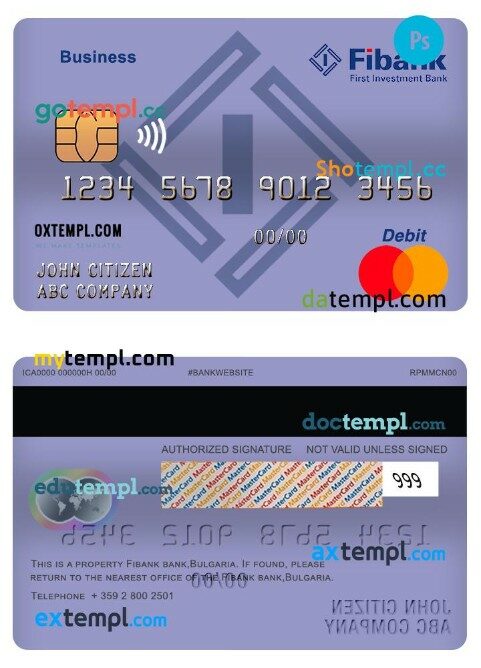 Bulgaria Fibank bank business mastercard template in PSD format