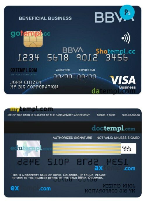 Colombia BBVA bank Beneficial business visa card template in PSD format