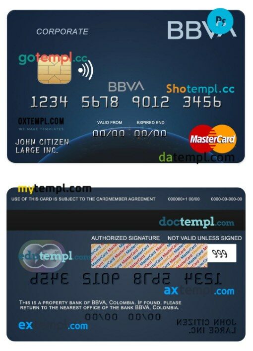 Colombia BBVA bank corporate mastercard template in PSD format