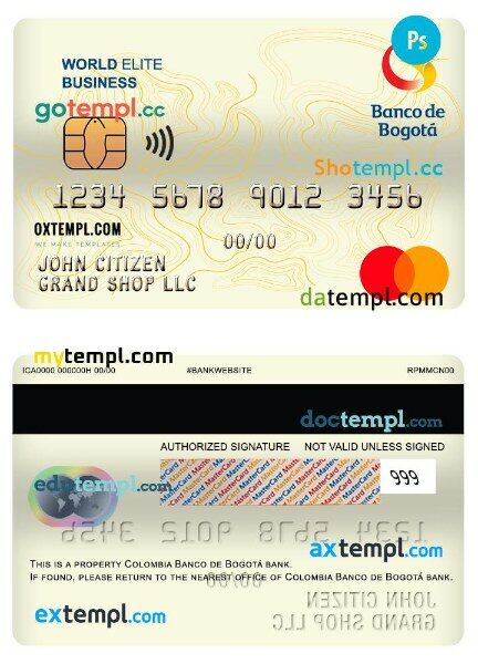 Colombia Banco de bogotá bank world elite business mastercard template in PSD format