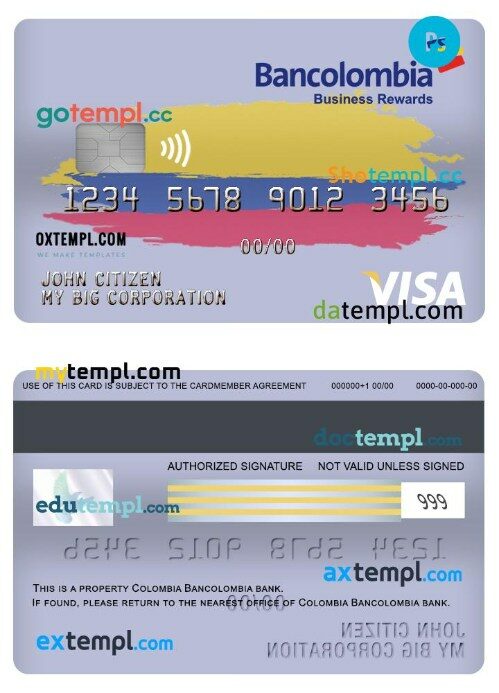 Colombia Bancolombia bank Business Rewards visa card template in PSD format