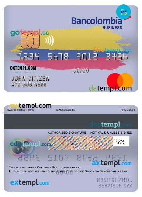 Colombia Bancolombia bank business mastercard template in PSD format