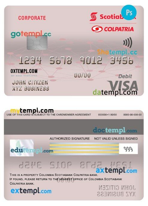 Colombia Scotiabank Colpatria bank corporate visa debit card template in PSD format