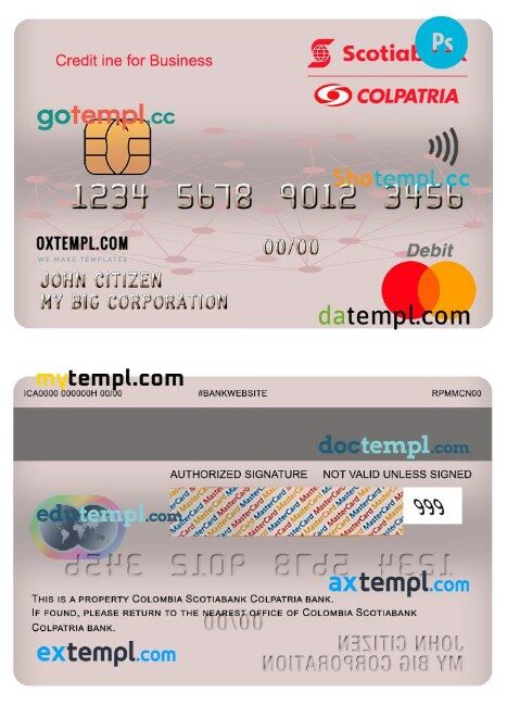 Colombia Scotiabank colpatria bank business credit mastercard template in PSD format
