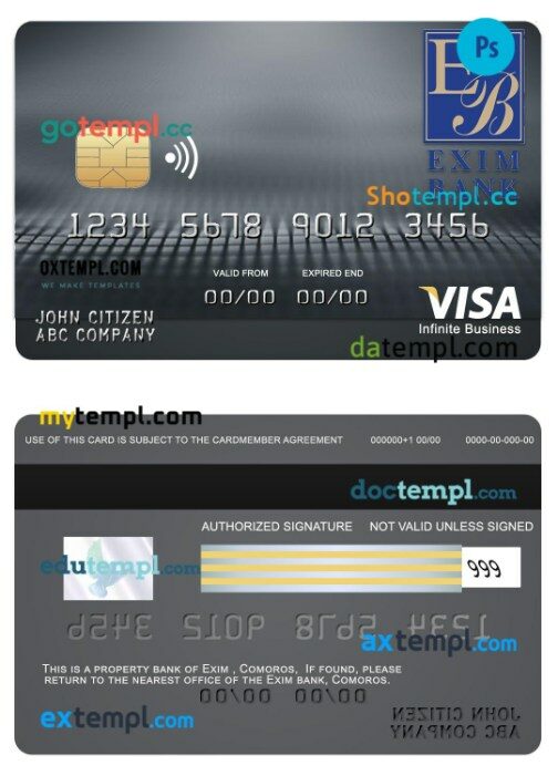 Comoros Exim bank Business visa Infinite card template in PSD format
