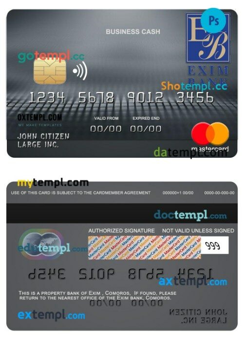 Comoros Exim bank business cash mastercard template in PSD format