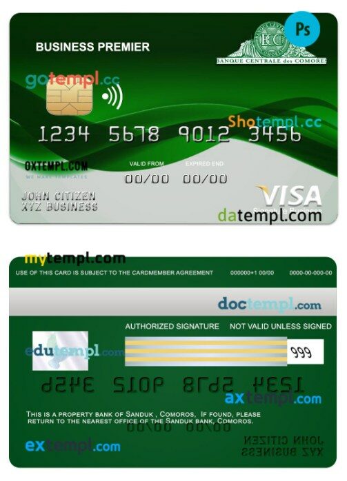 Comoros Sanduk bank business premier visa signature card template in PSD format
