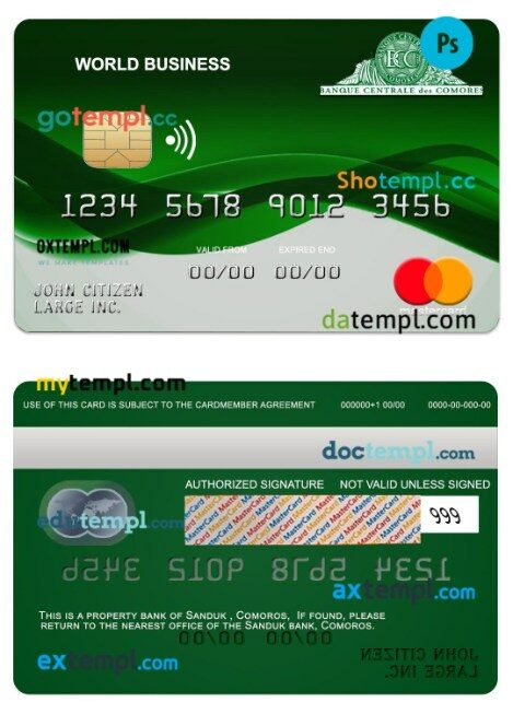 Comoros Sanduk bank world business mastercard template in PSD format