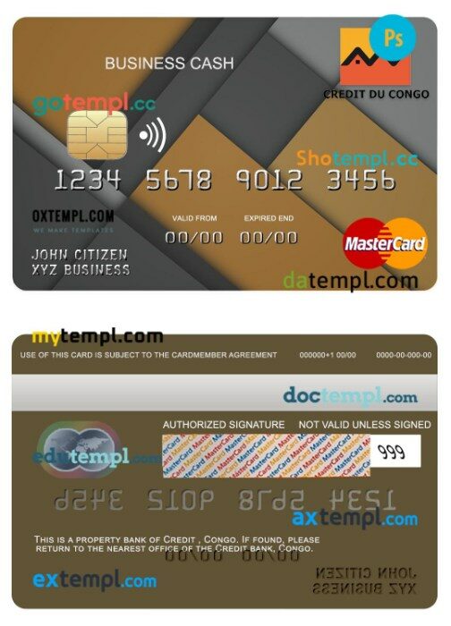 Congo Credit bank business cash mastercard template in PSD format