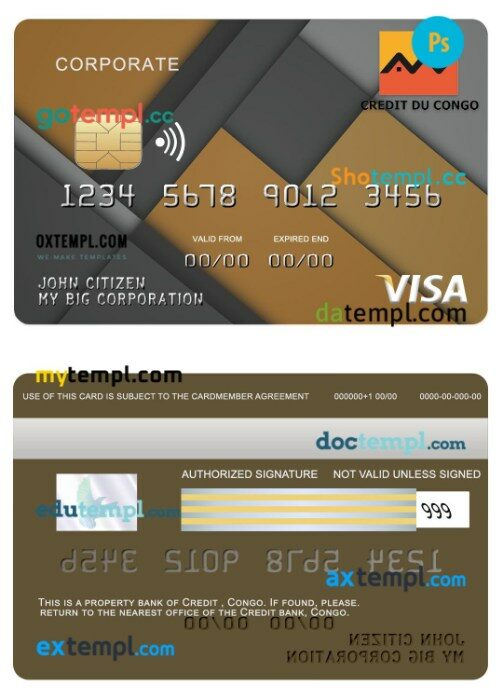 Congo Credit bank corporate visa card template in PSD format
