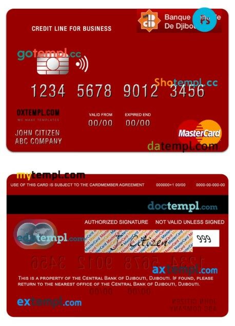 Djibouti Central Bank of Djibouti business credit mastercard template in PSD format