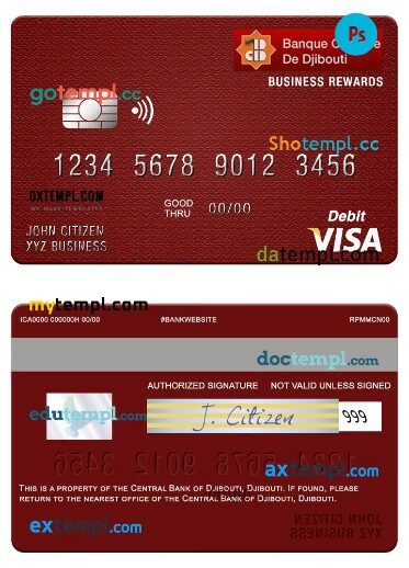 Djibouti Central Bank of Djibouti business rewards visa debit card template in PSD format