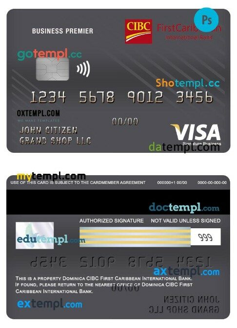 Dominica Cibc first caribbean international bank business premier visa signature card template in PSD format