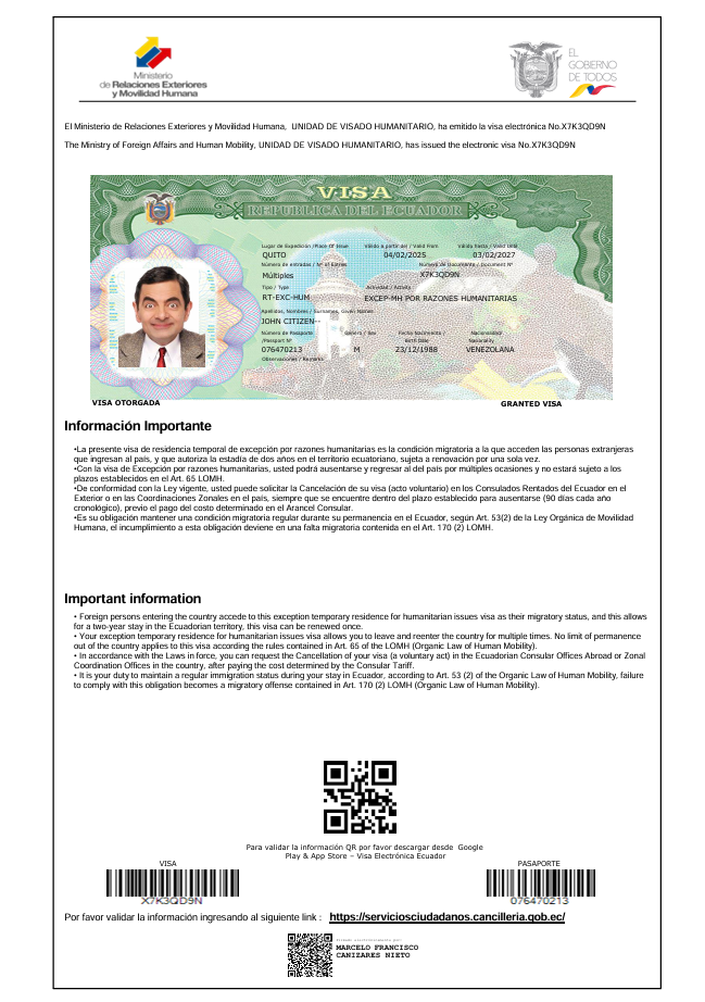 Ecuador travel visa template in Word and PDF formats, version 2