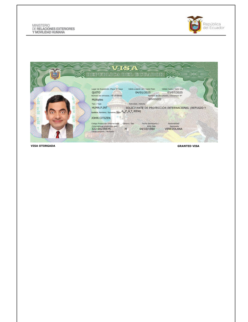 Ecuador travel visa template in Word and PDF formats, version 3