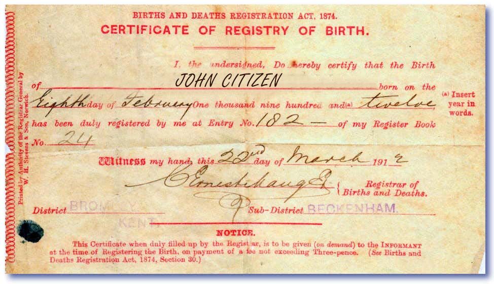 England Registrar of Births and Deaths birth certificate template in PSD format