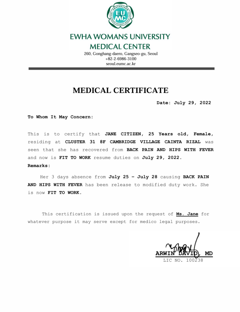 Ewha Womans University Medical Center medical certificate template in Word and PDF formats