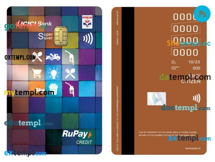 India Icici Bank RuPay vertical credit card template in PSD format