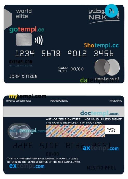Kuwait NBK Bank world elite mastercard template in PSD format