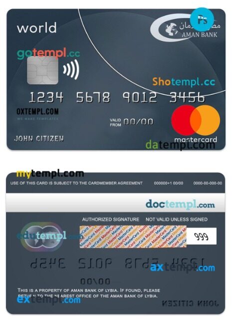 Libya Aman Bank mastercard world card template in PSD format