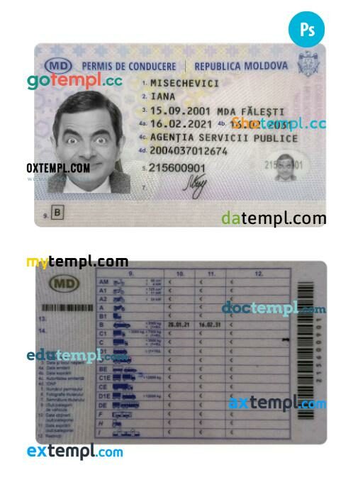 Moldova driving license PSD editable template, 2021-present