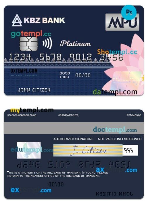 Myanmar KBZ Bank UnionPay platinum credit card template in PSD format