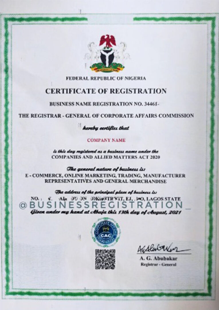 Nigeria Certificate of Registration PSD template