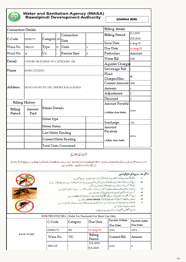 Pakistan Water and Sanitation Agency Rawalpindi Development Authority utility bill template in Word and PDF formats