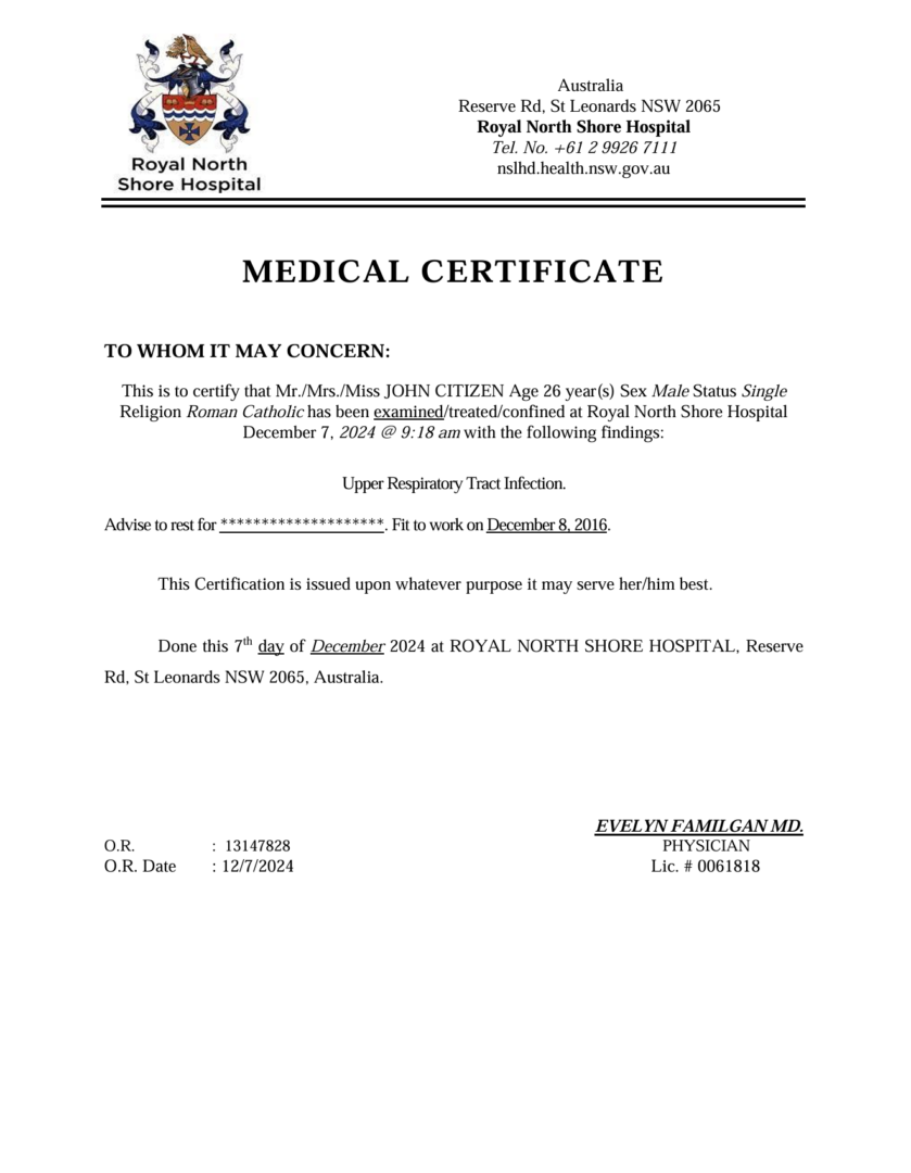 Royal North Shore Hospital medical certificate template in Word and PDF formats