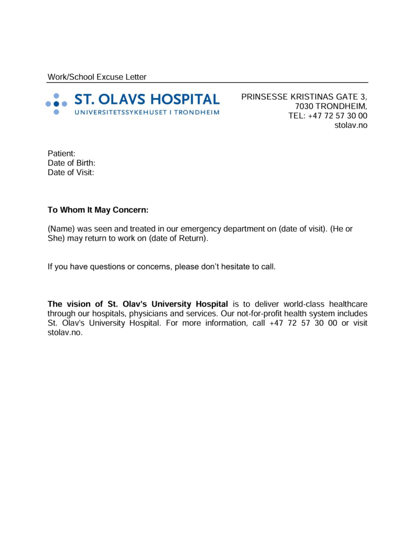 St. Olav's University Hospital excuse letter template in Word and PDF formats