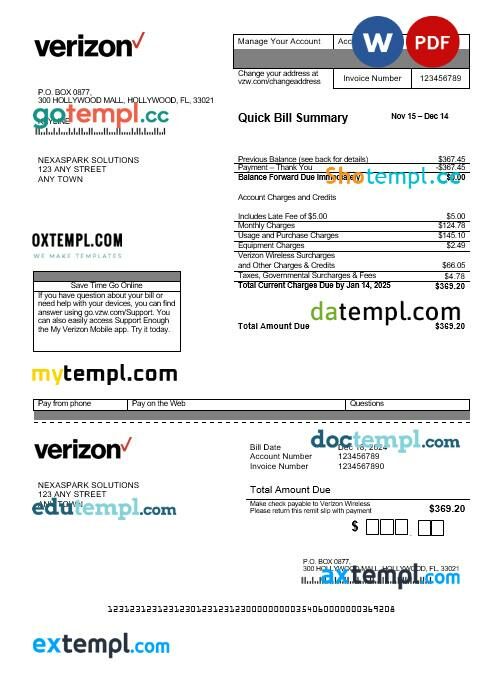 USA Verizon business utility bill template in Word and PDF formats