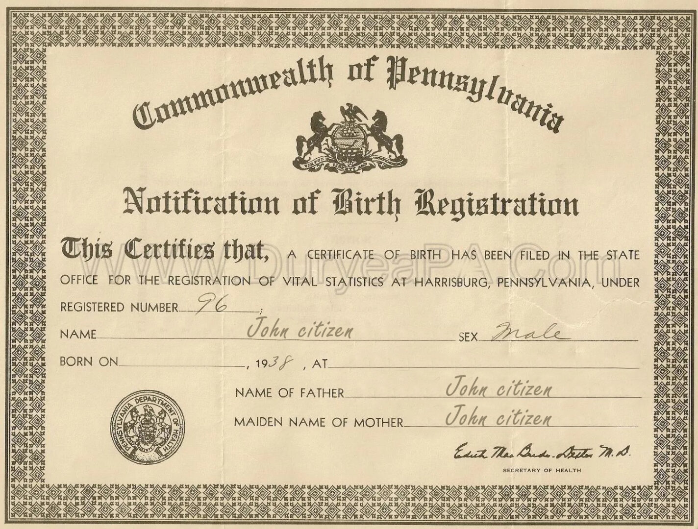 United States Commonwealth of Pennsylvania certificate of birth registration template in PSD format