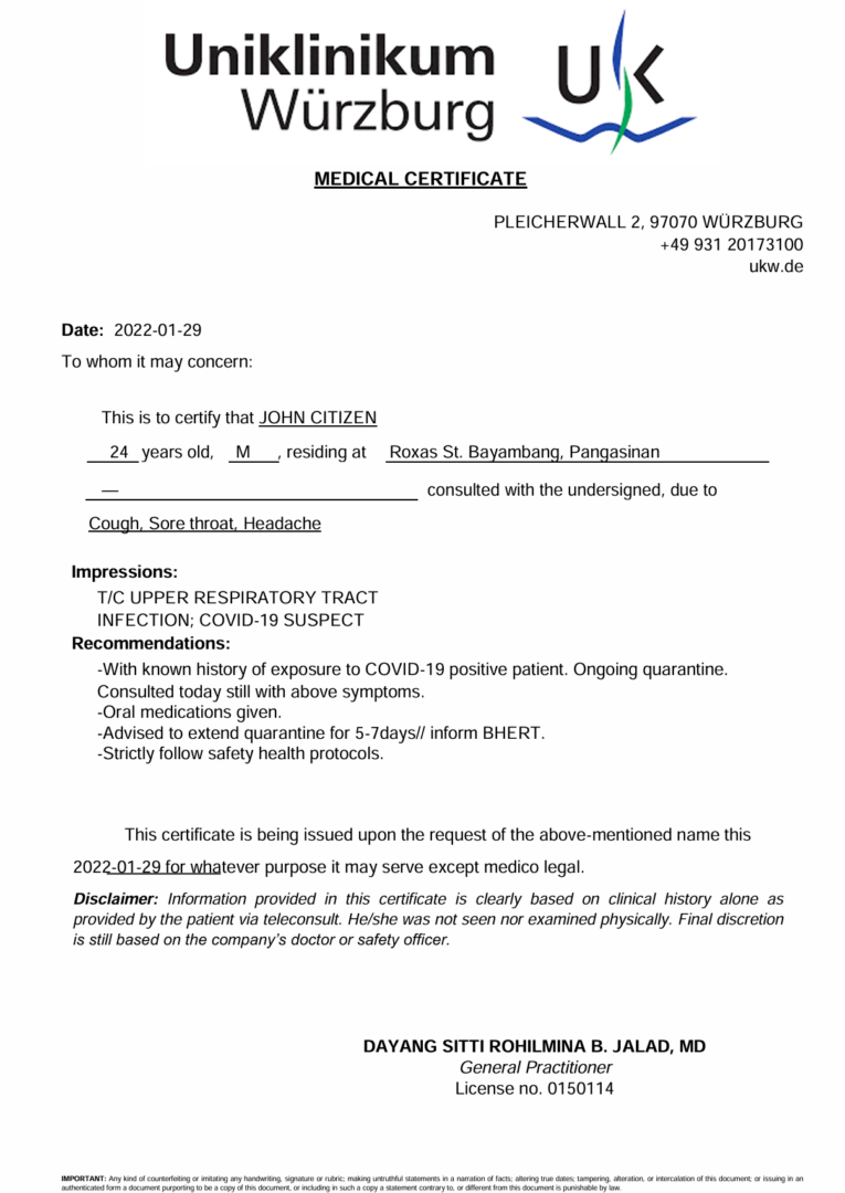 Universitätsklinikum Würzburg medical certificate template in Word and PDF formats