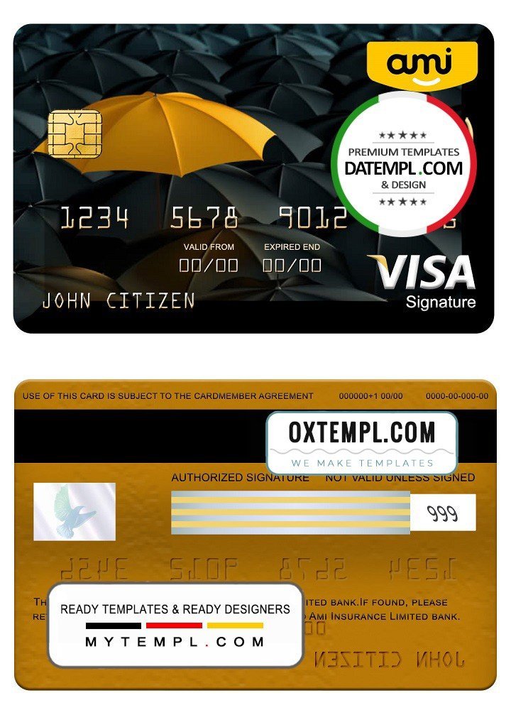 New Zealand Ami Insurance Limited bank visa signature card, fully editable template in PSD format