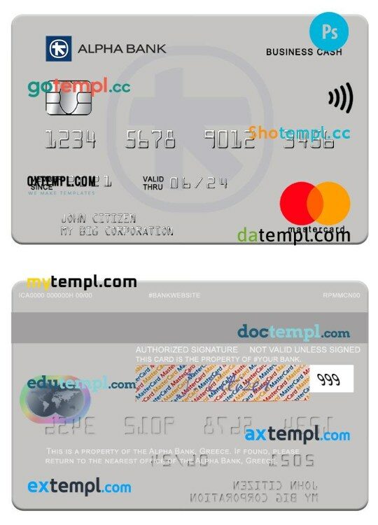Greece Alpha Bank business cash mastercard template in PSD format, version 3