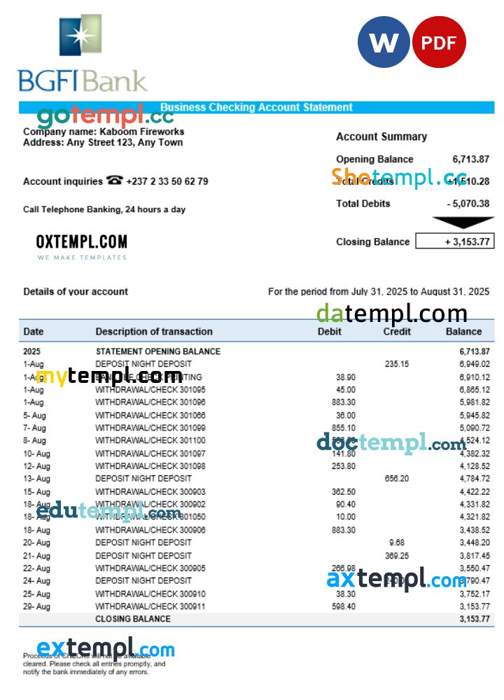 BGFI business bank statement Word and PDF format
