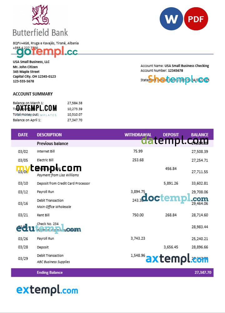 Butterfield bank organization checking account statement Word and PDF ...