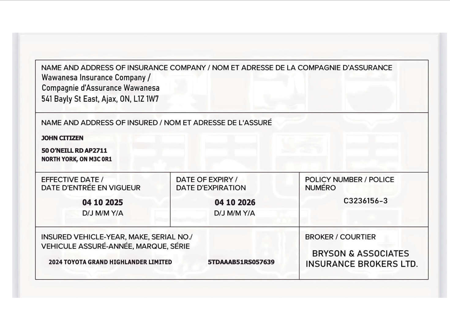 Canada Wawanesa Insurance Company car insurance card Word and PDF template