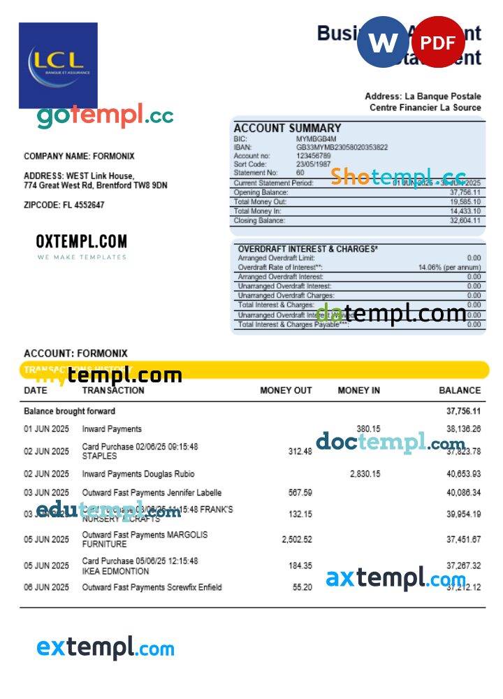 Centre National des Chèques Postaux company statement Word and PDF format