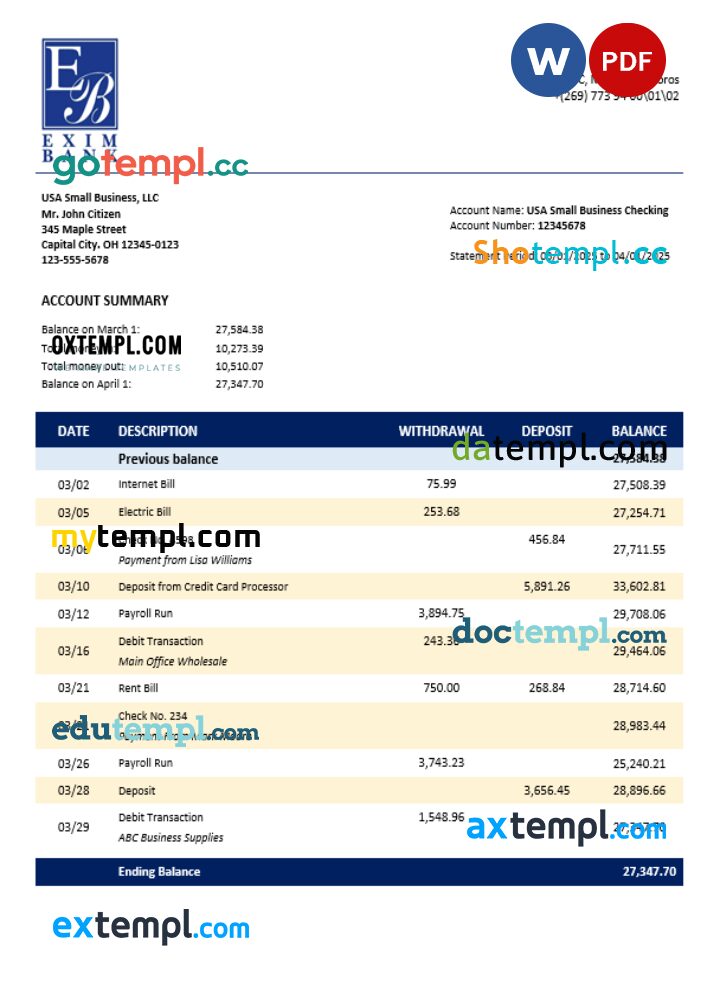 Comoran Exim bank enterprise account statement Word and PDF format