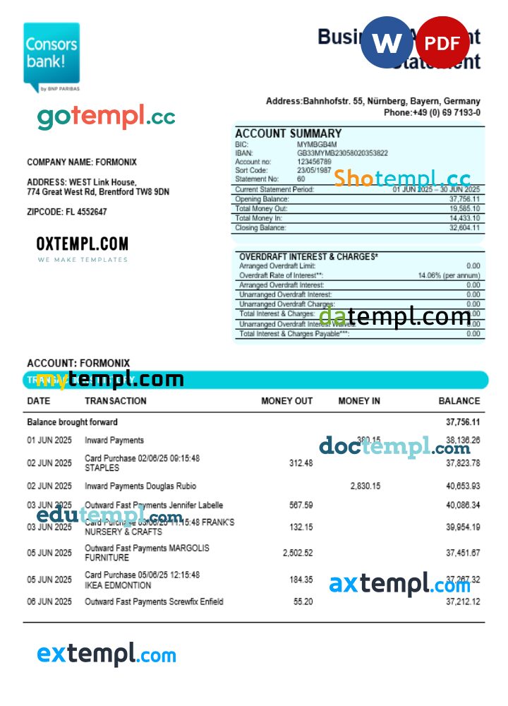 Consorsbank business organization checking statement Word and PDF format